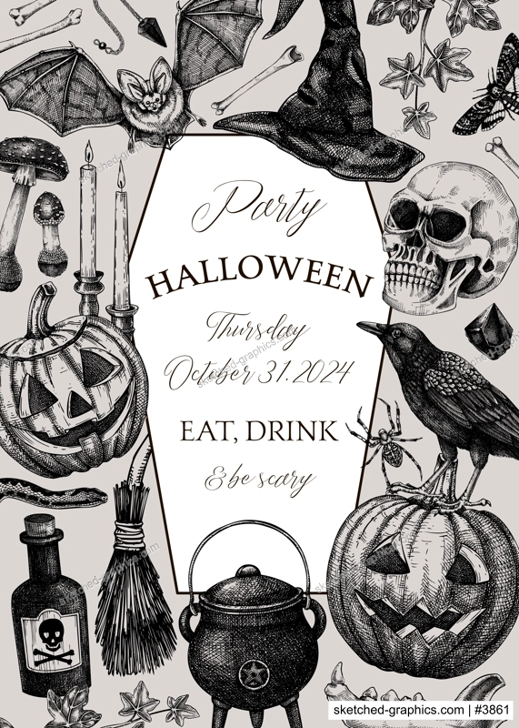 Vintage Halloween frame design. Hand-drawn vector illustration. Skull, bones, pumpkin, poisons, cauldron sketch. Witch party invitation, poster, flyer. Not AI generated