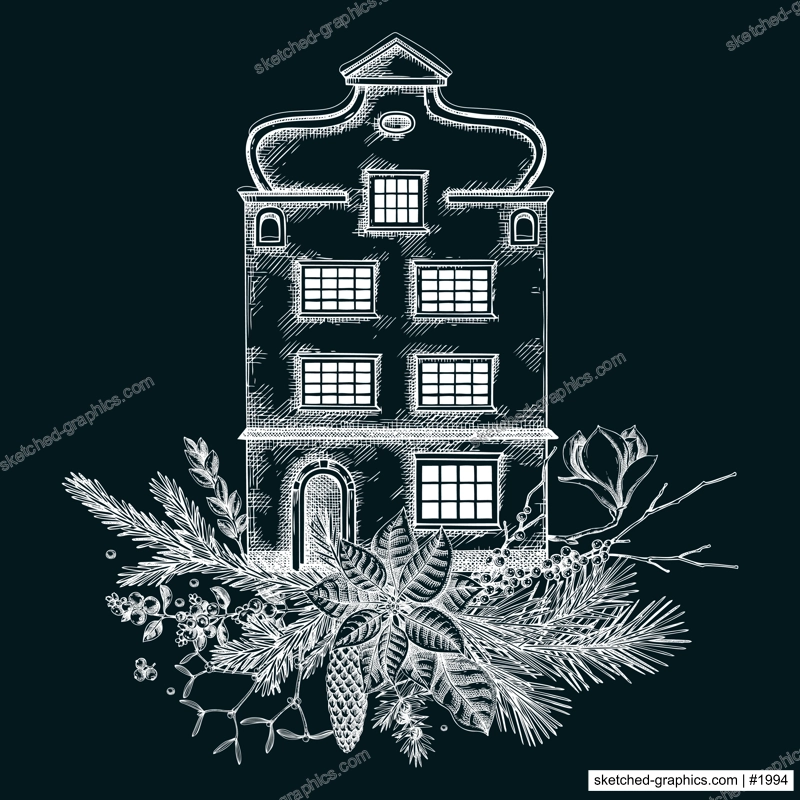 Christmas card design. Architecture sketch. Vintage house drawing on chalkboard. European winter hand-drawn vector illustration. Floral art. NOT AI generated