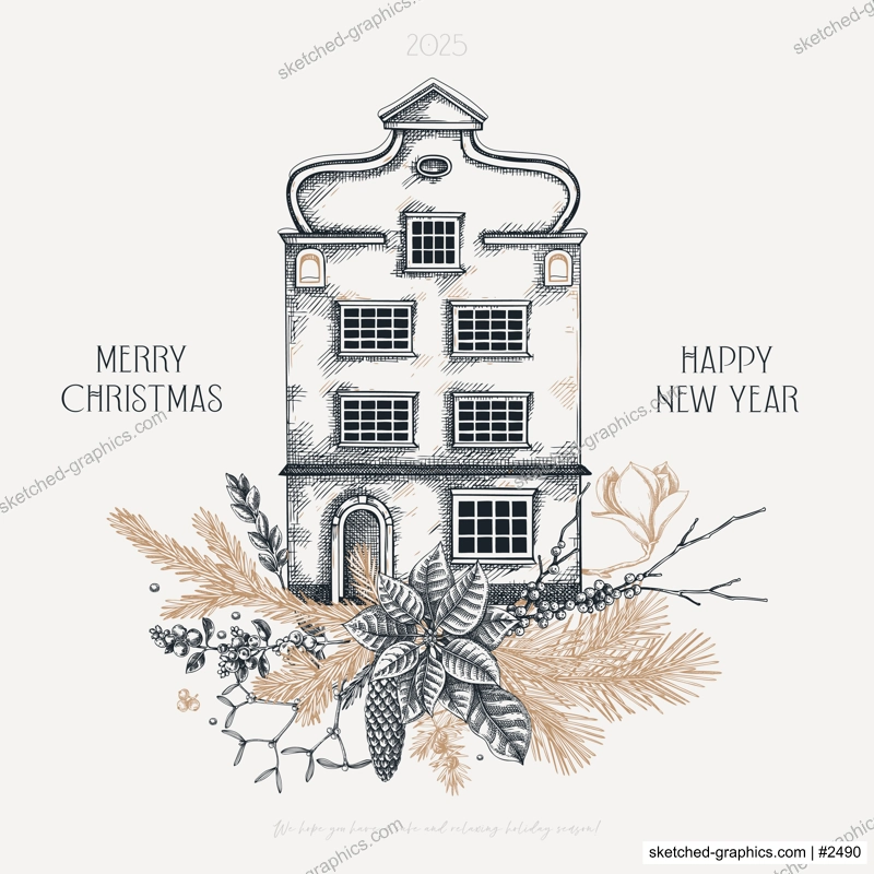 Merry Christmas card design. Happy New Year template. Architecture sketch. Vintage house hand-drawn vector illustration. Floral art. NOT AI generated