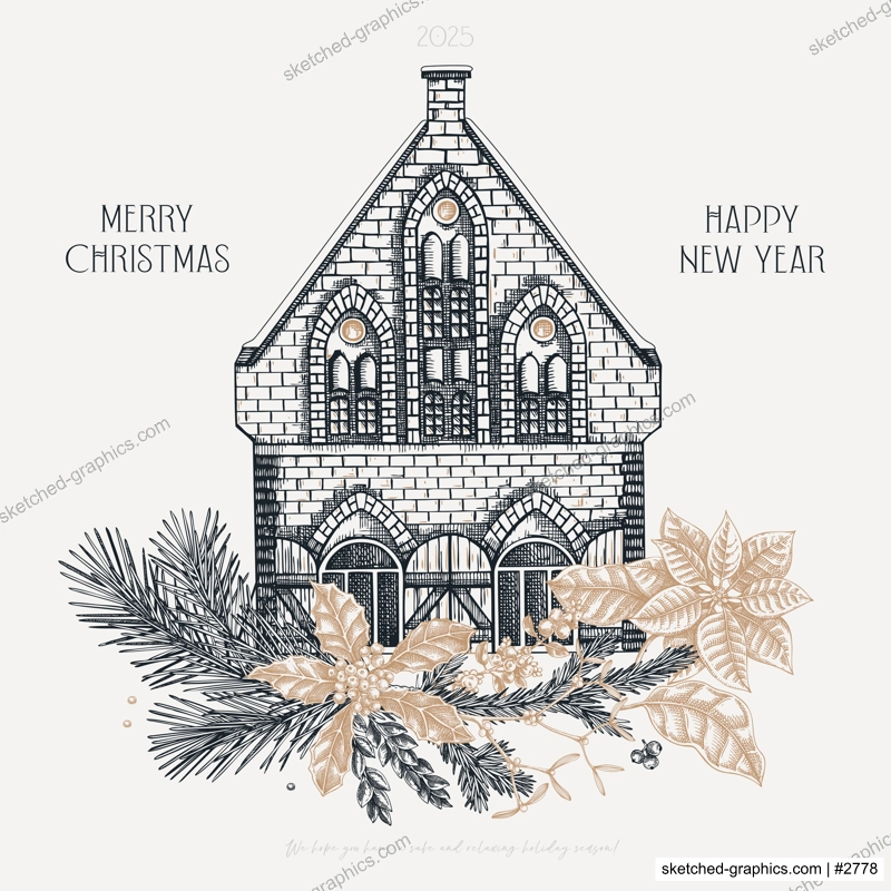 Merry Christmas card design. Happy New Year template. Architecture sketch. Vintage house hand-drawn vector illustration. Floral art. NOT AI generated