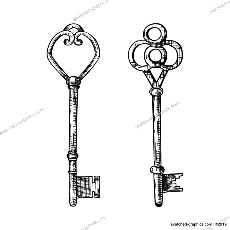 Decorative vintage keys drawings collection. Hand-sketched keys illustration.