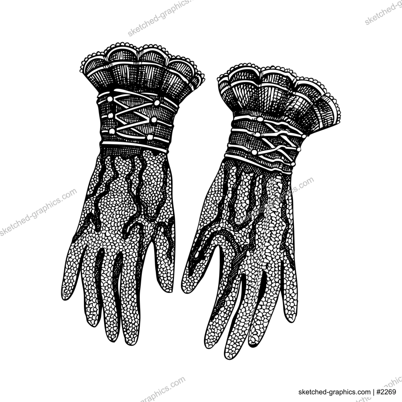 Vintage lace gloves vector sketch. Romantic gothic fashion illustration. Halloween accessories, dark academia clothing. Hand drawn historical costume design. NOT AI generated