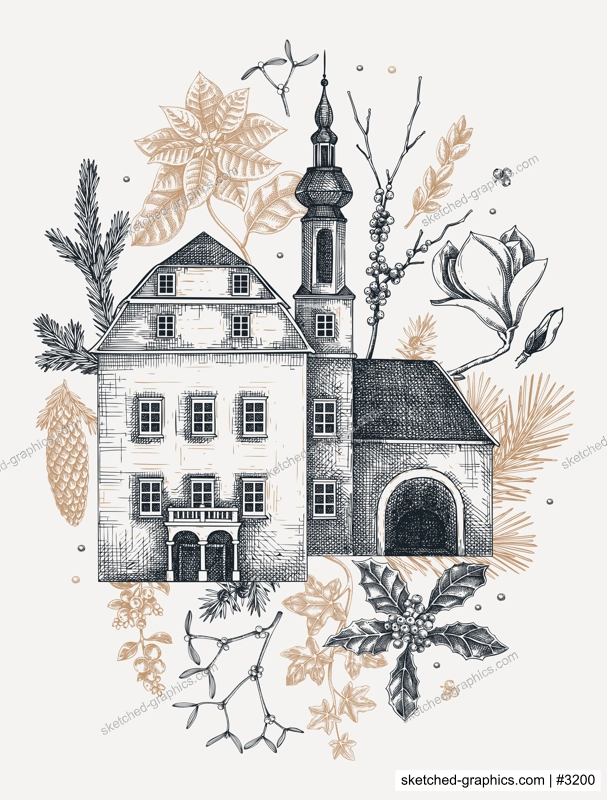Christmas card template. Winter background. Architecture sketch. Vintage mansoin house, old castle drawing. Hand-drawn botanical illustration.NOT AI generated