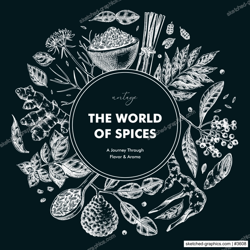 Vintage spice label design. Hand-drawn herbs vector illustration. Basil, galangal, cumin, cilantro, turmeric, lemongrass, lime chalk drawings. NOT AI generated