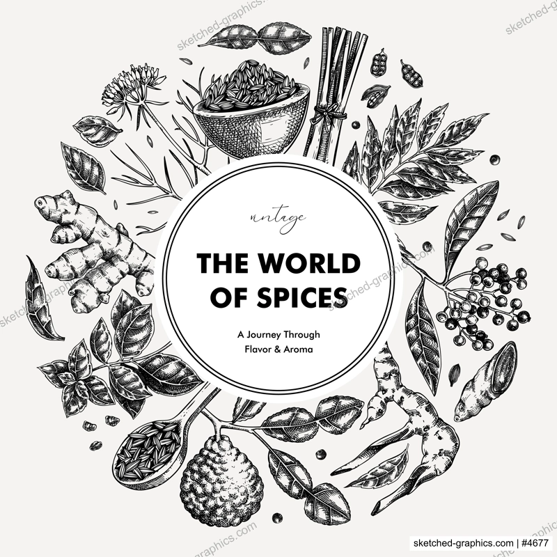 Vintage spice label design. Hand-drawn herbs vector illustration. Basil, galangal, cumin, cilantro, turmeric, lemongrass, lime sketches. NOT AI generated