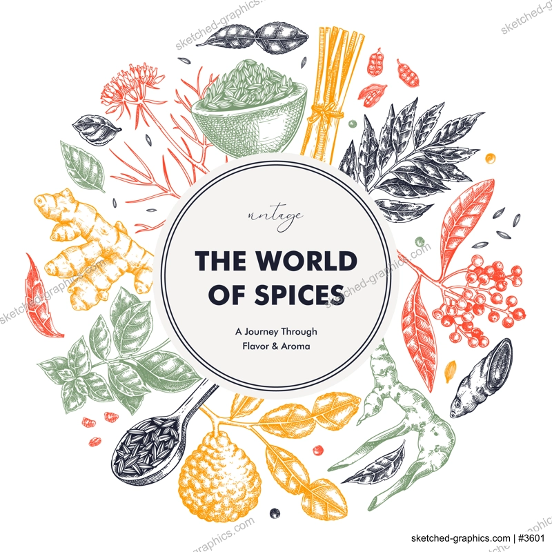 Vintage spice label design. Hand-drawn herbs vector illustration. Basil, galangal, cumin, cilantro, turmeric, lemongrass, lime sketches. NOT AI generated