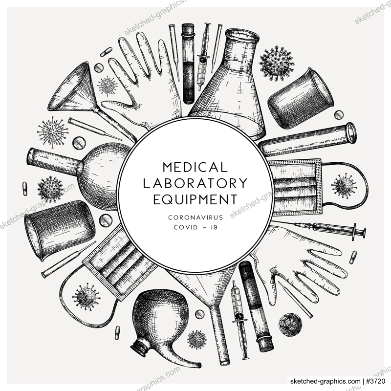 Virus testing laboratory equipment wreath. Coronavirus hand drawn design template. COVID-19 flyer. Vector banner with laboratory equipment, medicinal, protection tools, viruses drawings
