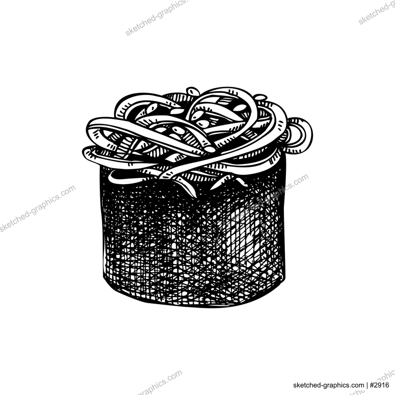 Hand drawn wakame roll on white background. Healthy food vector illustration. Japanese cuisine traditional  meal - wakame sushi with edible seaweeds. Restaurant menu design element. 