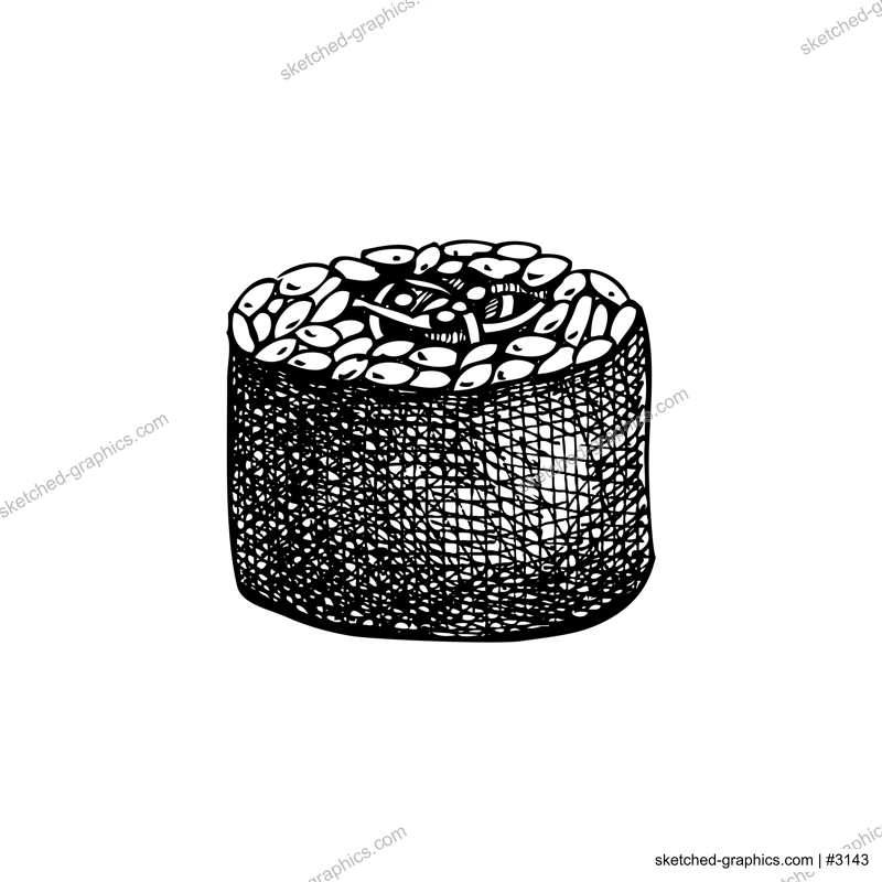 Hand drawn wakame roll on white background. Healthy food vector illustration. Japanese cuisine traditional  meal - wakame sushi with edible seaweeds. Restaurant menu design element. 