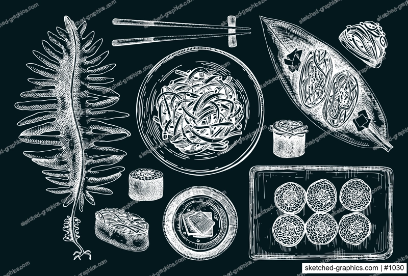 Hand drawn wakame sketches set. Edible seaweed drawing on chalkboard. Sea vegetables vector illustrations. Japanese cuisine dishes, healthy food ingredients in engraved style