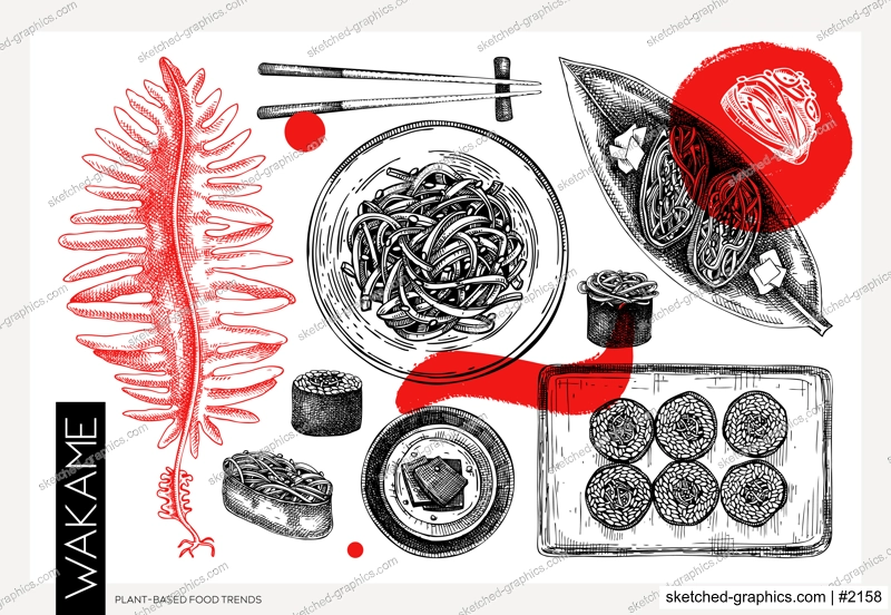 Hand drawn wakame sketches set. Edible seaweed drawing in collage style. Sea vegetables vector illustrations. Japanese cuisine dishes, healthy food ingredients in engraved style