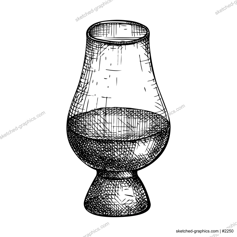Hand-sketched whiskey or brandy glass illustration. Vector sketch of the popular drink bowl isolated on white background. Alcoholic drawing of brandy Glencairn for bar or restaurant menu design.