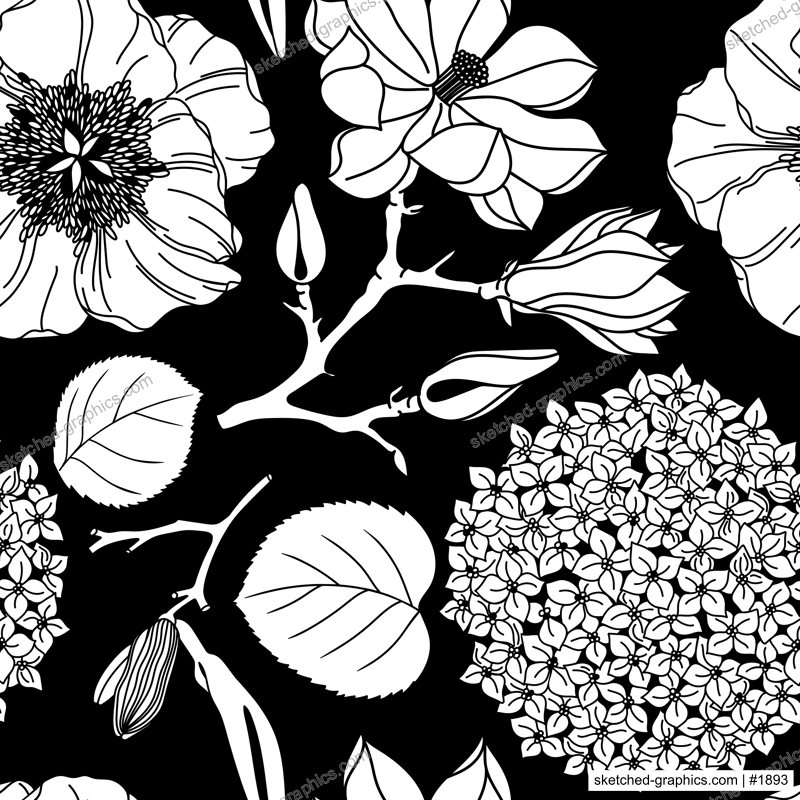 Vector seamless pattern with white flowers on black background. Botanical design for packaging, wrapping paper, wallpaper, fabric, fashion. Garden peony, poppy, lily, magnolia silhouettes backdrop
