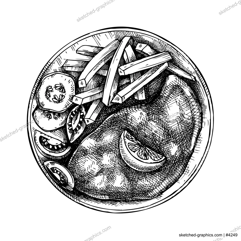 Schnitzel with French fries vintage drawing. German food sketch. Oktoberfest menu design. Hand-drawn food illustration for Octoberfest. Traditional German festival cuisine meal. Wiener Schnitzel 