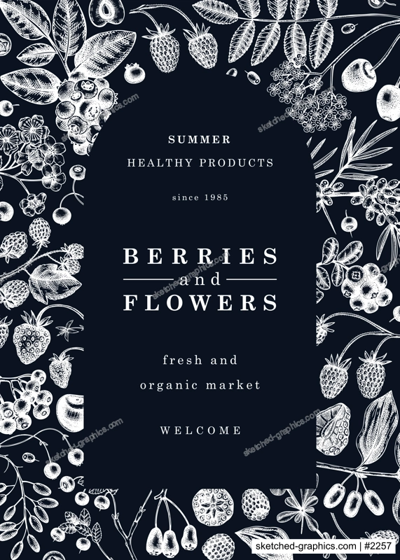 Wild berries card or invitation on chalkboard. Hand drawn fruits and flowers vector frame design. Vintage forest plants sketch. Summer berries - strawberry, raspberry, blackberry, blackberry, cherry.