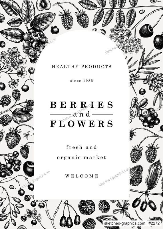Wild berries card or invitation sketched style. Hand drawn fruits and flowers vector frame design. Vintage forest plants sketch. Summer berries - strawberry, raspberry, bilberry, blackberry, cherry. 