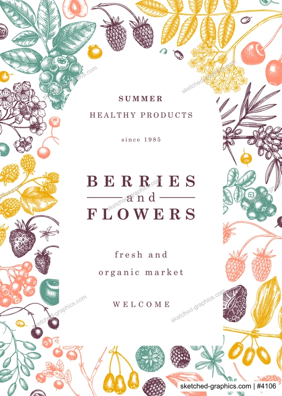 Wild berries card or invitation in engraved style. Hand drawn fruits and flowers vector frame design. Vintage plants sketch. Summer berries - strawberry, raspberry, bilberry, blackberry, cherry.