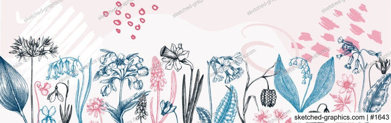 Horizontal trendy banner with wildflowers sketches. Floral backdrop in collage style. Delicate contoured blooming flowers border with abstract elements. Spring woodland botanical background