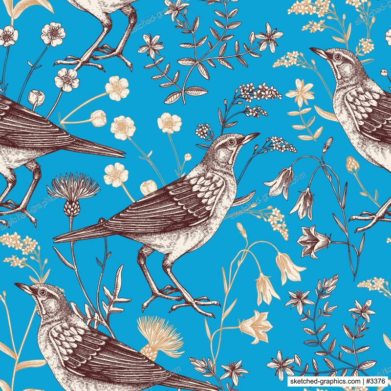 Summer background. Floral seamless pattern in color. Wildflowers and birds vector illustration in sketch style. Perfect for textile, wrapping paper, packaging, fabrics.