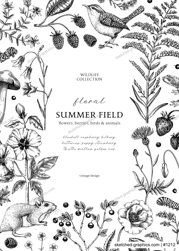Retro style floral border design. Vintage summer background. Wildlife sketches. Wildflowers botanical illustration. Hand-drawn field flowers, birds, and animals for wedding invitation, decoration