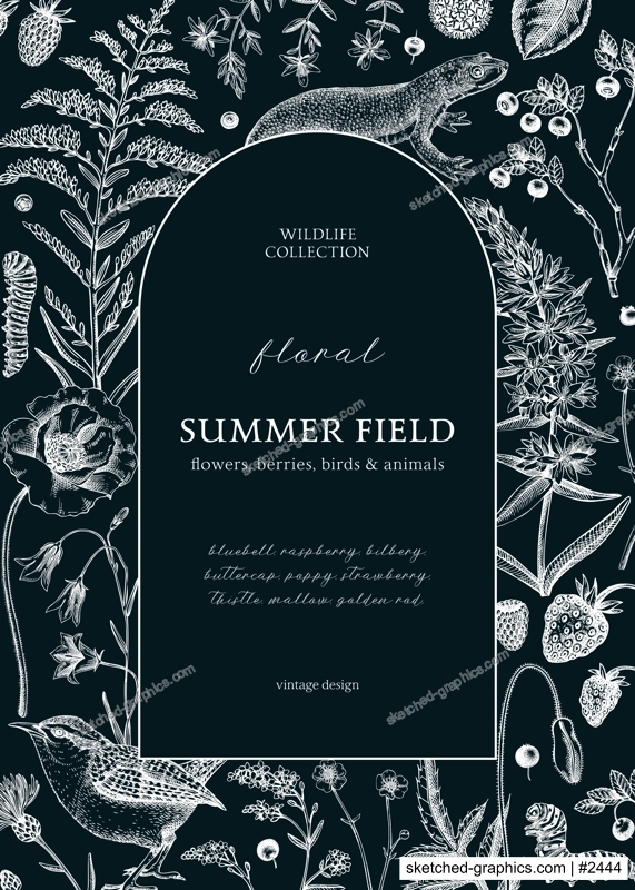 Floral frame design on chalkboard. Vintage summer background. Wildlife sketches. Wildflowers botanical illustration. Hand-drawn field flowers, birds, and animals for wedding invitation, decoration.