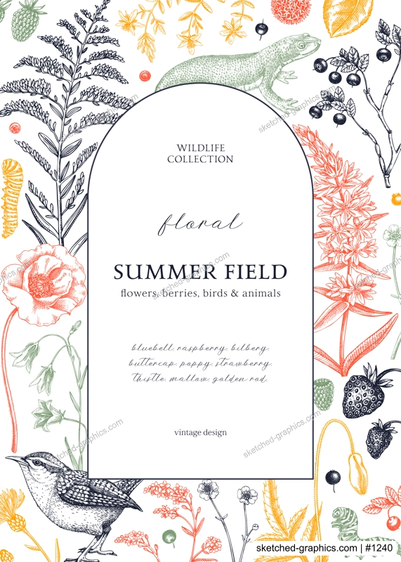 Floral frame design in color. Vintage summer background. Wildlife sketches. Wildflowers botanical illustration. Hand-drawn field flowers, birds, and animals for wedding invitation, card, decoration.