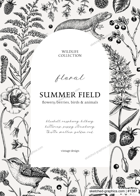 Retro style floral frame design. Vintage summer background. Wildlife sketches. Wildflowers botanical illustration. Hand-drawn field flowers, birds, and animals for wedding invitation, card, decoration