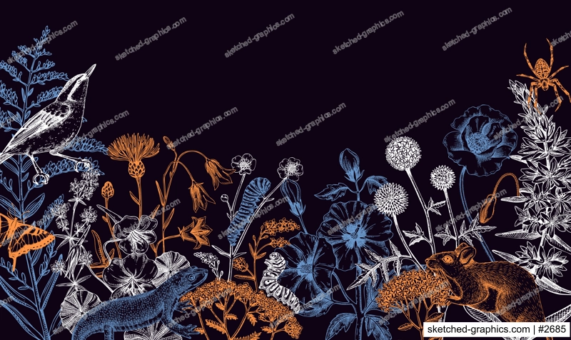 Summer design  in sketched style. Botanical drawings of wildflowers, herbs, meadows, berries, animals and birds. Vintage wildlife hand-drawn illustrations. Field plants background in color