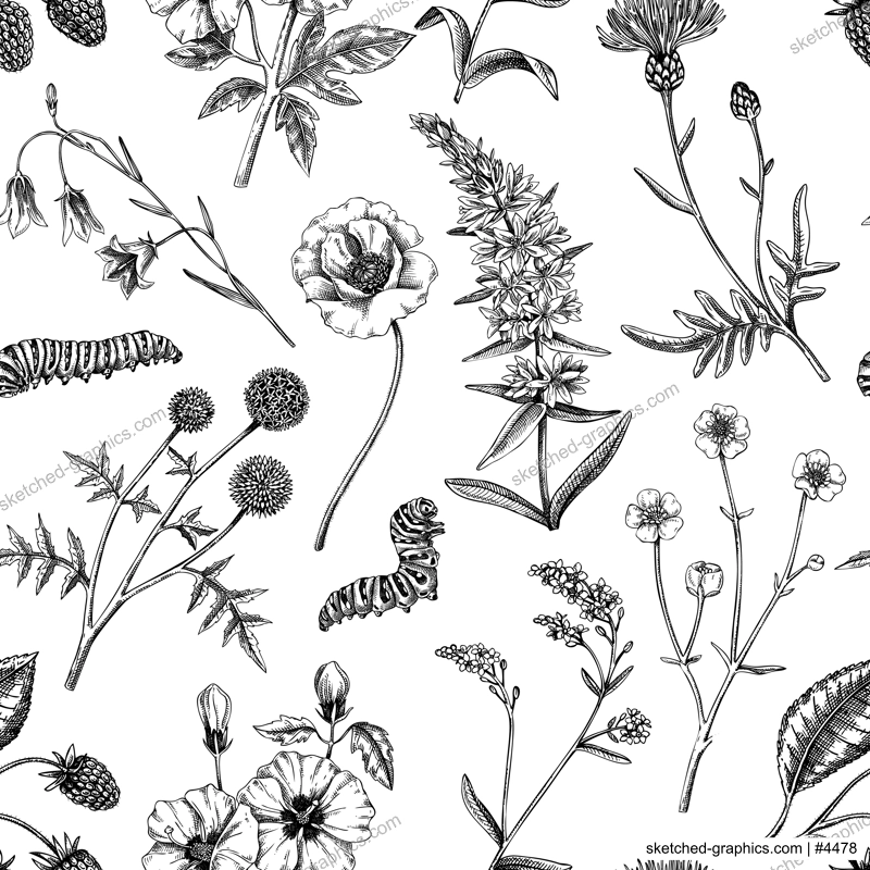 Hand-drawn summer background. Retro floral texture design. Sketched wildflowers seamless pattern. Vector illustration of field of flowers for wedding invitation, greeting cards, textile, packaging
