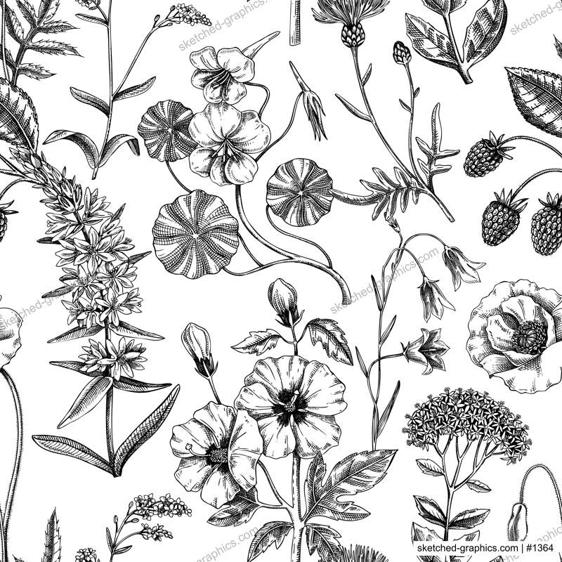 Hand-drawn summer background. Floral texture design. Sketched wildflowers seamless pattern. Vector illustration of field of flowers for wedding invitation, greeting cards, textile, packaging