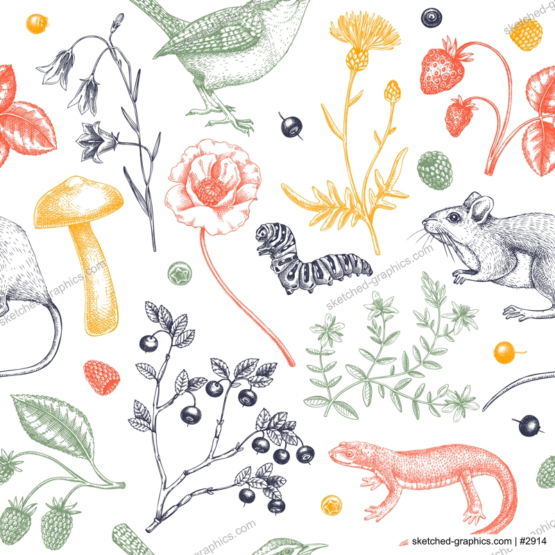 Summer background in color. Floral texture design. Wildlife sketches. Wildflowers seamless pattern. Hand-drawn illustration of field flowers, birds, and animals for wedding invitation, textile, cards