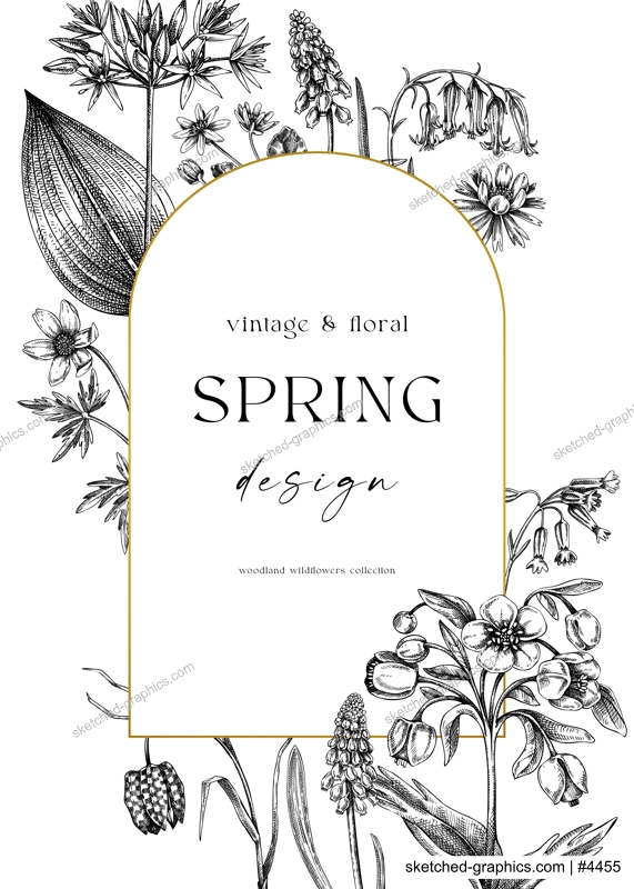 Elegant spring poster design. Wildflowers print in color. Woodland wild flower sketches. Floral background. Botanical card, invitation template . Hand drawn vector illustration, NOT AI