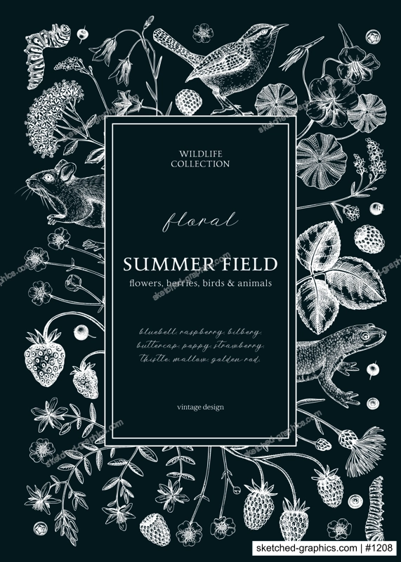 Retro style floral wreath design. Vintage summer background. Wildlife sketches on chalkboard. Wildflowers botanical illustration. Hand-drawn field flowers, birds, and animals for wedding invitation