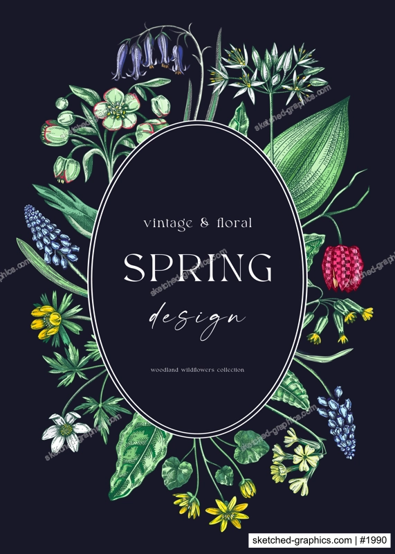 Delicate spring wreath. Woodland wild flower sketches. Floral background. Wildflowers in color. Elegant greeting card, invitation design template. Hand drawn vector illustration, NOT AI