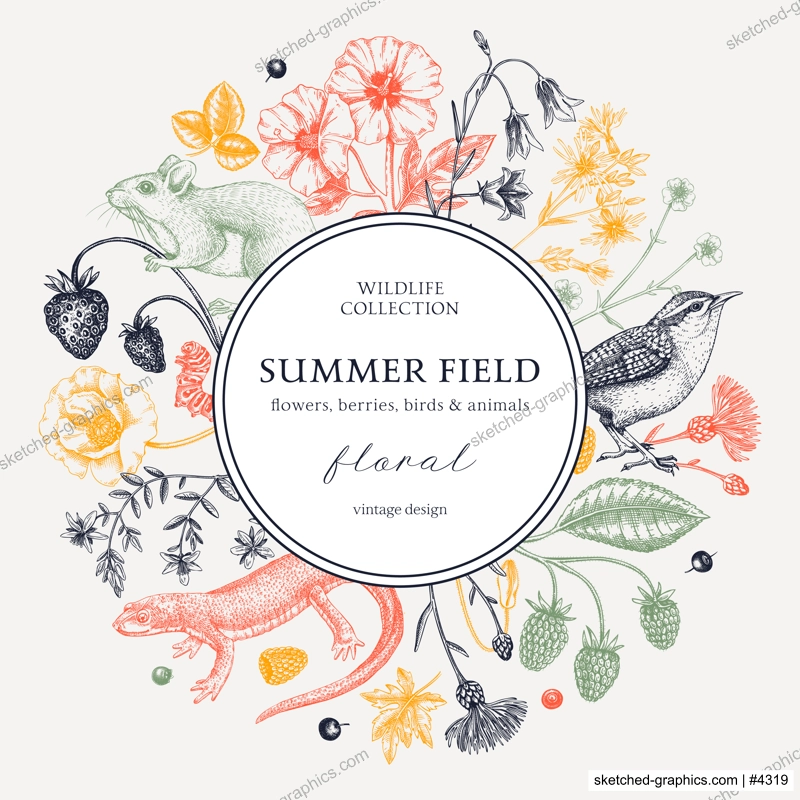 Summer background in color. Floral wreath design. Wildlife sketches. Wildflowers botanical illustration. Hand-drawn field of flowers, birds, and animals for wedding invitation, decoration.