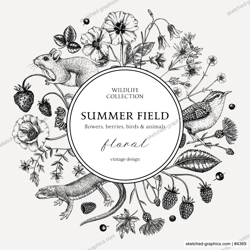 Sketched summer background. Floral wreath design. Wildlife sketches. Wildflowers botanical illustration. Hand-drawn field of flowers, birds, and animals for wedding invitation, vintage decoration.