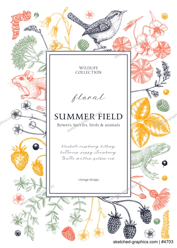 Floral wreath design in color. Vintage summer background. Wildlife sketches. Wildflowers botanical illustration. Hand-drawn field flowers, birds, and animals for wedding invitation, greeting card
