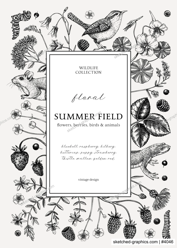 Retro style floral wreath design. Vintage summer background. Wildlife sketches. Wildflowers botanical illustration. Hand-drawn field flowers, birds, and animals for wedding invitation, decoration