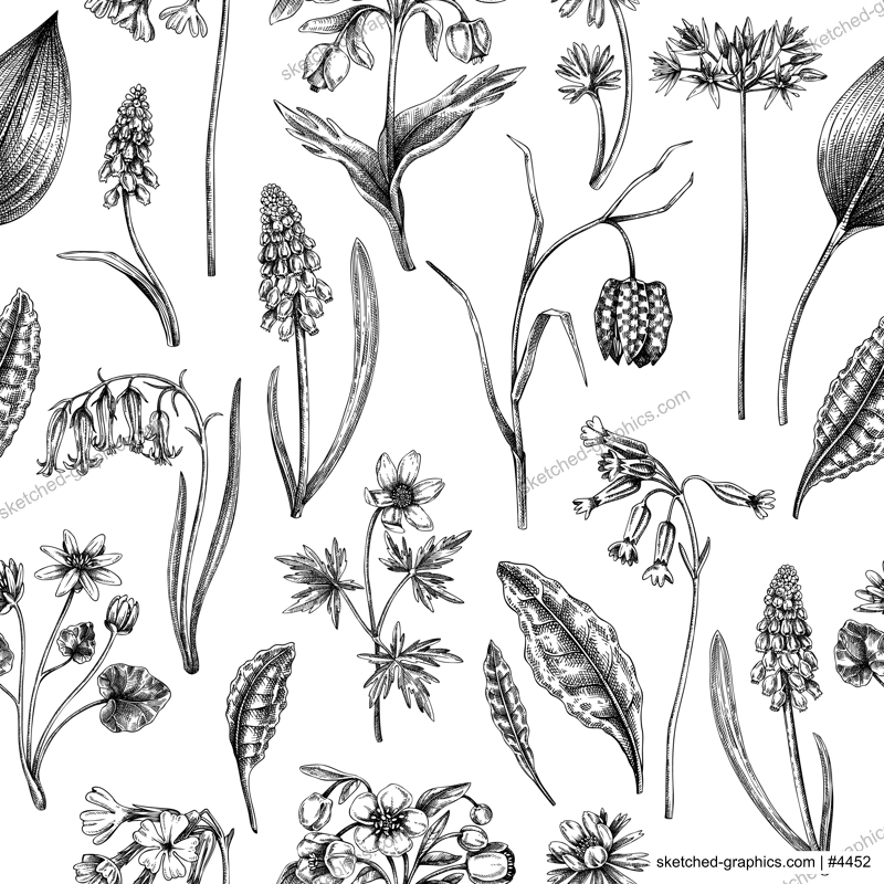 Hand-drawn wildflowers background design. Vintage woodland flowers sketches. Seamless spring pattern. Forest plant illustration. Cowslip, bluebell, grape hyacinth, hellebore, fritillary backdrop