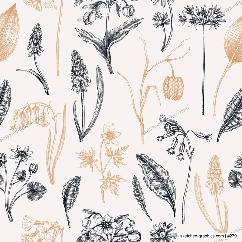 Hand-drawn wildflowers background in color. Vintage woodland plant sketches. Seamless spring floral pattern. Wild flowers illustration cowslip, bluebell, grape hyacinth, hellebore, fritillary backdrop