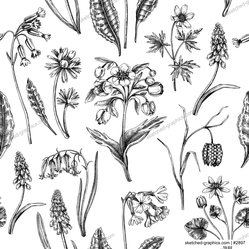 Hand-drawn wildflowers background design. Vintage woodland flowers sketches. Seamless spring pattern. Forest plant and wild flowers illustration cowslip, bluebell, grape hyacinth, hellebore backdrop