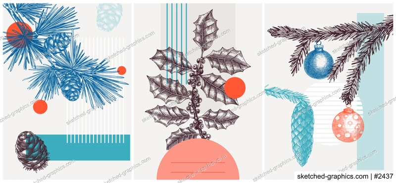 Collage style winter vector illustration. Larch, fir, holly plant sketches. Trendy Christmas design with botanical drawings and geometric shapes. Christmas card, invitation, poster, print, wall art