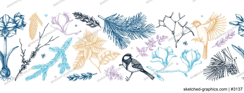Winter flowers seamless pattern. Christmas background. Floral border design, Birds on tree branches sketches. Hand-drawn vector background. NOT AI generated