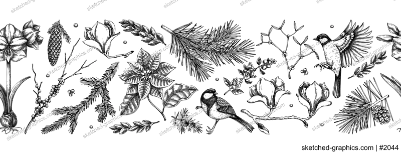 Winter flowers seamless pattern. Christmas background. Floral border design, Birds on tree branches sketches. Hand-drawn vector background. NOT AI generated