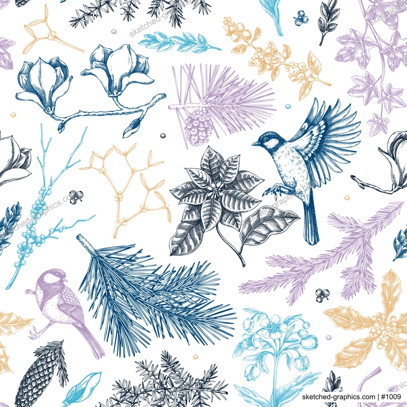 Winter garden seamless pattern. Christmas background. Winter flowers, conifer tree, bird sketches. Hand drawn vector illustration. NOT AI generated
