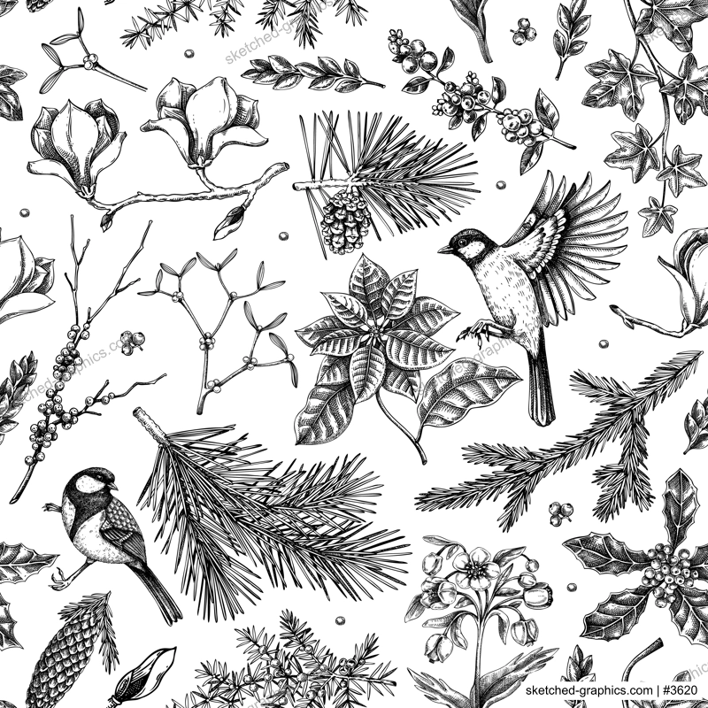  Winter garden seamless pattern. Christmas background. Winter flowers, conifer tree, bird sketches. Hand drawn vector illustration. NOT AI generated