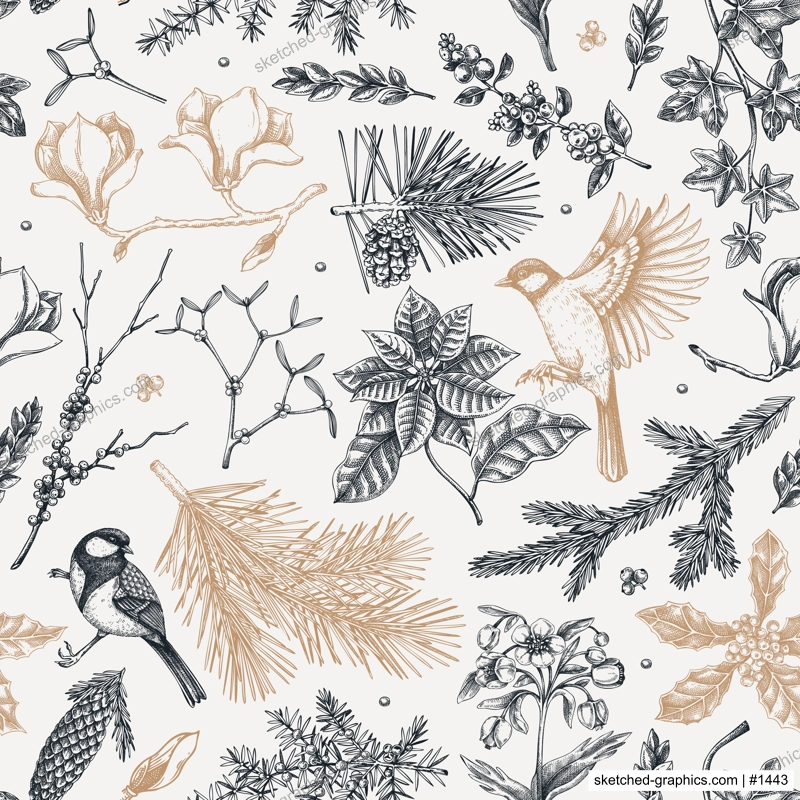 Winter garden seamless pattern. Christmas background. Winter flowers, conifer tree, bird sketches. Hand drawn vector illustration. NOT AI generated
