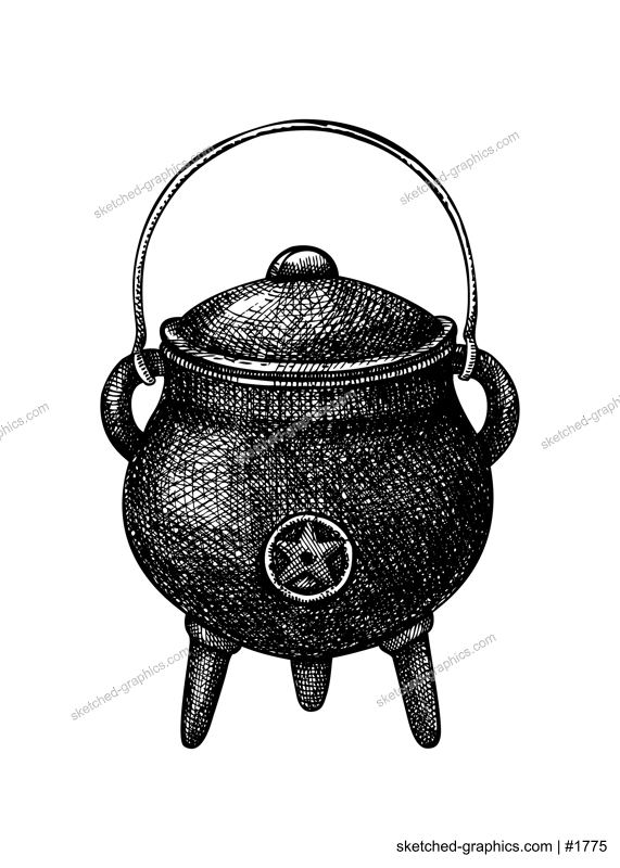 Witch pot with magic symbol sketch. Vintage pan drawing for witchcraft, alchemy. Сooking utensils Ink vector illustration isolated on white background. Hand drawn Halloween design element