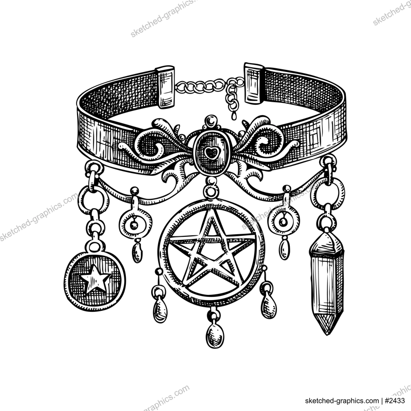 Witch choker vector sketch. Romantic gothic fashion illustration. Dark academia, Halloween  accessories. Hand drawn historical costume design. NOT AI generated