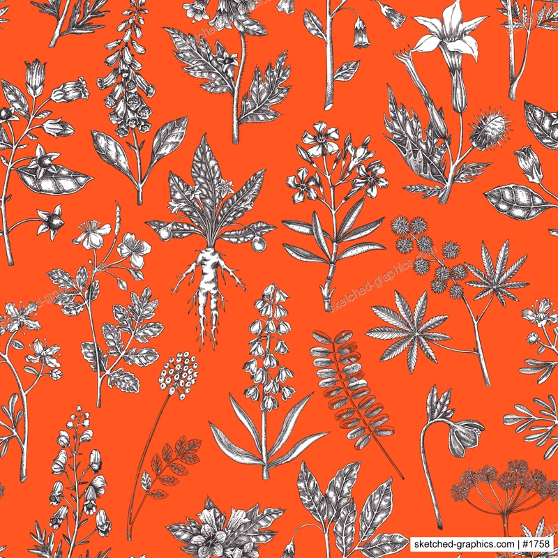 Witch herbs seamless pattern. Poisonous plants background. Apothecary herbs hand-drawn vector illustration. Bohemian design. NOT AI generated